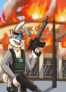 a cartoon of a bunny holding a gun in front of a bank that is burning