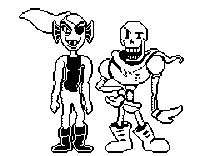 a black and white pixel art of a boy and a skeleton standing next to each other on a white background .