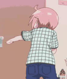 a girl with pink hair is standing in a room