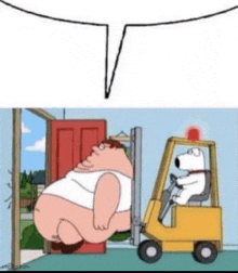 a cartoon of a fat man standing next to a forklift and a speech bubble .