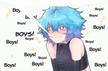 a girl with blue hair surrounded by boys