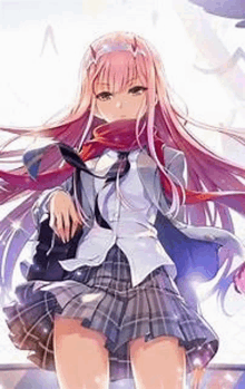 a girl with long pink hair and a plaid skirt is wearing a scarf and tie .