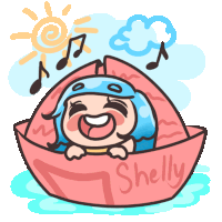 a cartoon drawing of a girl in a boat with shelly written on it