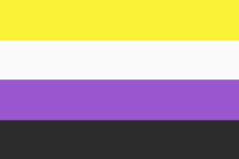 a yellow , white and purple flag with a black stripe on the bottom .