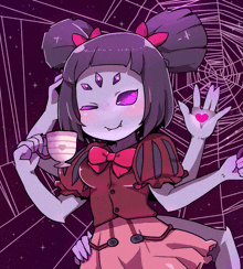 a drawing of a girl with many arms holding a cup