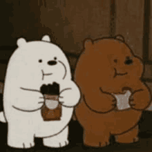 ice bear and grizzly bear from we bare bears are standing next to each other eating ice cream .