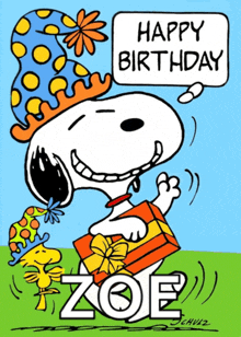 a cartoon of snoopy holding a gift box and saying happy birthday zoe