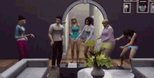 a group of people are dancing together in a living room