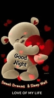 a teddy bear is hugging a heart with the words `` good night sweet dreams and sleep well love of my life '' .