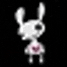 a pixel art of a white rabbit with a pink heart around its neck .