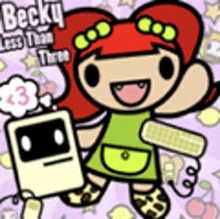 a cartoon of a girl with red hair holding a keyboard and a robot