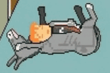 a pixel art of a cat laying on its back .