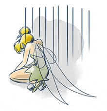 tinkerbell is sitting on the ground in front of a fence with her wings spread out .