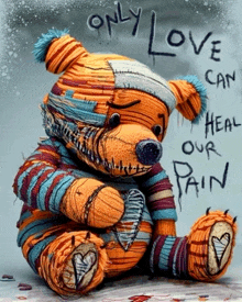 a teddy bear with the words only love can heal our pain above it