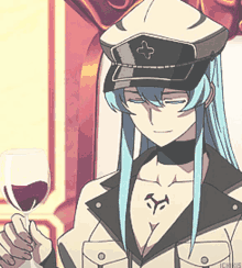 a girl with long blue hair is holding a glass of red wine