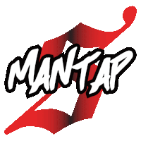 a red and white logo with the word mantap