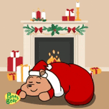 a bear wearing a santa hat is laying in front of a fireplace surrounded by gifts