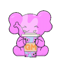 a pink elephant is drinking from a cup with the word gm on it