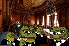 a group of frogs wearing tuxedos and bow ties are standing in a room