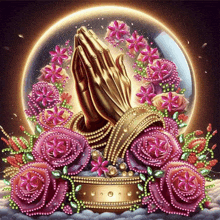 a painting of praying hands surrounded by pink flowers