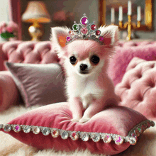 a small pink chihuahua wearing a tiara sits on a pink pillow