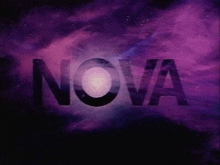 the word nova is written in purple letters on a purple background