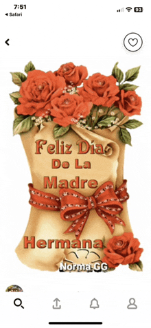 a phone screen shows a picture of roses and the words feliz dia de la madre hermana