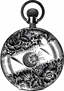 a black and white drawing of a pocket watch