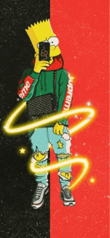 bart simpson is taking a picture of himself with a supreme cell phone