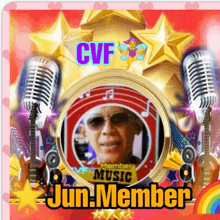 a cvf member music jun member badge with a picture of a man surrounded by microphones