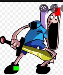 a cartoon character is holding a sword with a huge mouth open .