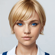 a close up of a woman 's face with short blonde hair and blue eyes