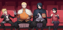 a group of anime characters are sitting in a theater watching a movie and one of them is holding a bag of popcorn