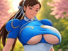 chun li from street fighter is wearing a blue and white outfit