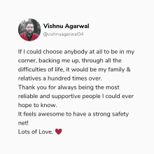 a tweet from vishnu agarwal with a red heart