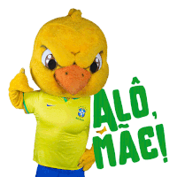 a yellow bird mascot giving a thumbs up next to a sign that says " alo mae "