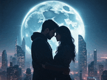 a man and a woman are standing in front of a full moon