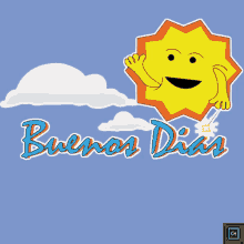 a cartoon sun with a face and the words buenos dias written below it