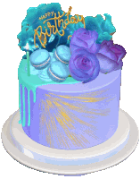 a blue and purple birthday cake with macarons and roses