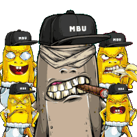 a bunch of bananas wearing mbu hats are standing next to each other