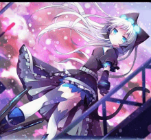 a girl with white hair and a cat ear is standing on a staircase