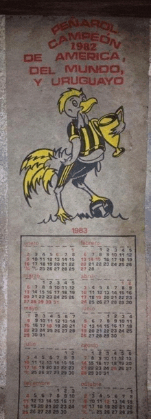 a calendar with a rooster holding a trophy and the year 1983