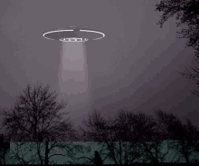 a ufo is flying over a dark forest