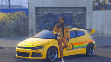 a man standing next to a yellow car with a rainbow design on it