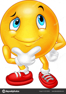 a cartoon smiley face is thinking with his hand on his chin and red shoes .