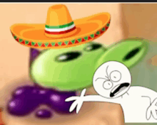 a cartoon character wearing a sombrero stands in front of a green object