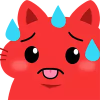 a red cartoon cat with sweat coming out of its nose