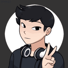 a cartoon of a boy wearing headphones and giving a peace sign