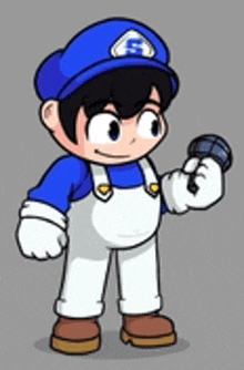 a cartoon character is wearing a blue hat and overalls and holding a microphone .