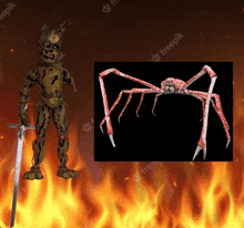 a cartoon character is holding a sword next to a picture of a giant spider .